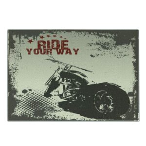 ambesonne adventure cutting board, ride your way words motorcycle image poster artwork print, decorative tempered glass cutting and serving board, large size, charcoal grey