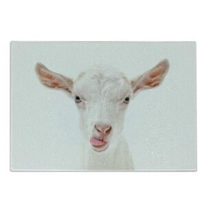 lunarable goat cutting board, portrait of a goat with its tongue out animal photography white furry mammal, decorative tempered glass cutting and serving board, small size, white coral
