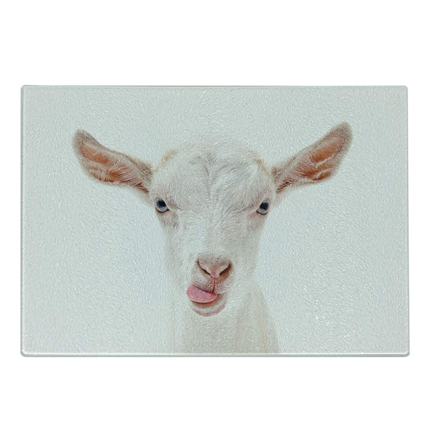 Lunarable Goat Cutting Board, Portrait of a Goat with Its Tongue out Animal Photography White Furry Mammal, Decorative Tempered Glass Cutting and Serving Board, Small Size, White Coral