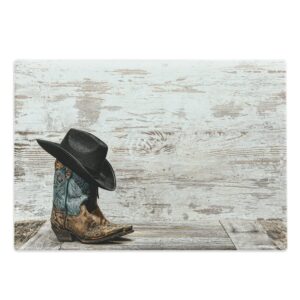 ambesonne western cutting board, traditional rodeo cowboy hat and cowgirl boots retro grunge background art photo, decorative tempered glass cutting and serving board, large size, brown black