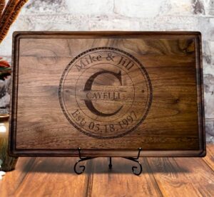 personalized walnut cutting board - custom wooden walnut cutting boards for couples wedding, anniversary, housewarming gift - family name date engraved and usa made - customizable kitchen decor gifts