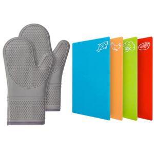 gorilla grip silicone oven mitts and flexible cutting boards 4 pack, oven mitts are extra long in gray color, flexible cutting boards are multicolor, 2 item bundle