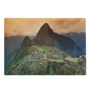 lunarable landscape cutting board, machu picchu photo south america city of ruins mountain panoramic scene, decorative tempered glass cutting and serving board, large size, orange and green