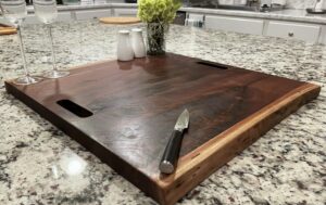 black walnut ultra large gorgeous, forest-to-table solid double live edge wood charcuterie/appetizer/sushi/dessert/grazing board/serving platter 100% usa handcrafted. about 21 x 22 x 1.25