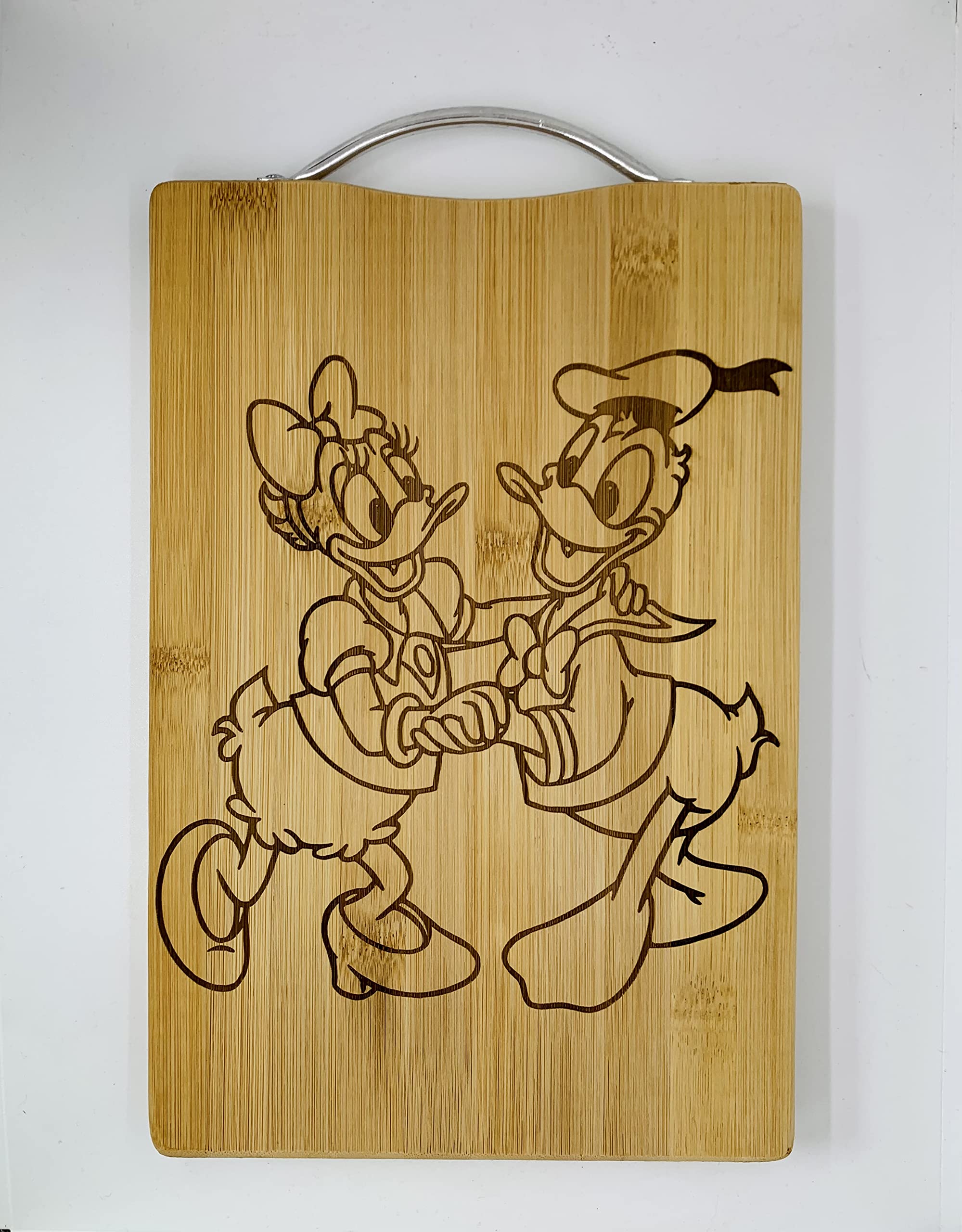 Cartoon Engraved Cutting Boards - Custom Chopping Block with Metal Handle for Kitchen - Bamboo Wood with Laser-Engraved Design - Wedding, Anniversary - 12"x9"x0.67" (Duck Couple Donald)