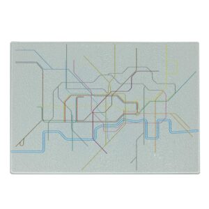 lunarable london underground cutting board, colorful lines crossrail map of tube train roads contemporary urban art, decorative tempered glass cutting and serving board, small size, multicolor