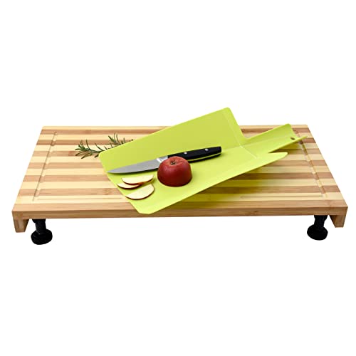 Hatillu - Premium Bamboo Wooden 21” x 11” Stove Top Cutting Board, for Gas or Electric Stovetop Sink Cover, RV Kitchen Chopping Block, with Juice Grooves, Adjustable Legs & Foldable Cooktop Board