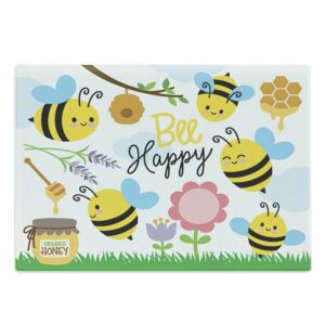 ambesonne honey bee cutting board, cartoon style illustration of a bee happy garden scene and an organic honey jar, decorative tempered glass cutting and serving board, large size, multicolor