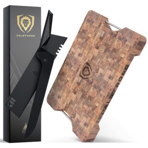 dalstrong corner counter cutting board - lionswood end-grain teak wood bundled with slicing & carving knife - 12" - offset blade - shadow black series