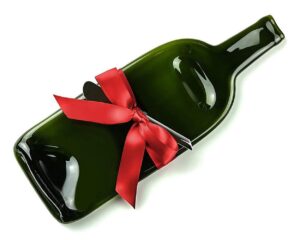 melted wine bottle cheese serving tray with cheese spreader and red ribbon, unique christmas gift by mitchell glassworks
