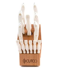 cutco model 2008 galley +6 table knives with white "pearl" handles....13 high carbon stainless knives & forks in factory-sealed plastic bags........#1744 honey oak knife block and #125 10" x 14" poly prep cutting board included.