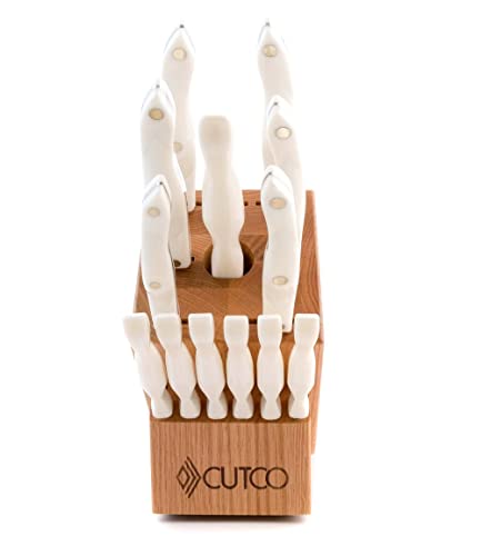 CUTCO Model 2008 Galley +6 Table Knives with White "Pearl" Handles....13 High Carbon Stainless knives & forks in factory-sealed plastic bags........#1744 Honey Oak knife block and #125 10" x 14" Poly Prep cutting board included.