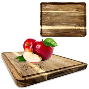 charcuterie cutting board for kitchen with groove- organic handcrafted large acacia wooden cutting board for fruit & vegetable with inner handles, oiled chopping board- 16x12