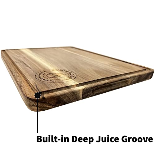 Charcuterie Cutting Board for Kitchen with Groove- Organic Handcrafted Large Acacia Wooden Cutting Board for Fruit & Vegetable with Inner Handles, Oiled Chopping Board- 16x12