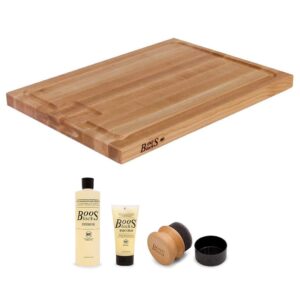 john boos cutting board bundle with au jus 18" cutting/carving board with juice groove, maple wood and 3 piece wood cutting board care and maintenance set