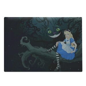 ambesonne alice in wonderland cutting board, alice sitting on branch and chescire cat in darkness cartoon style, decorative tempered glass cutting and serving board, large size, multicolor
