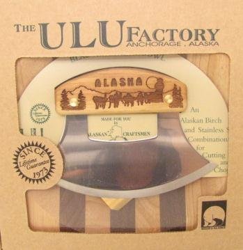 Ulu Factory Alaska Ulu Birch Walnut Stripe Wood Chopping Bowl-board Dog Team Design Handle by The ULU Factory