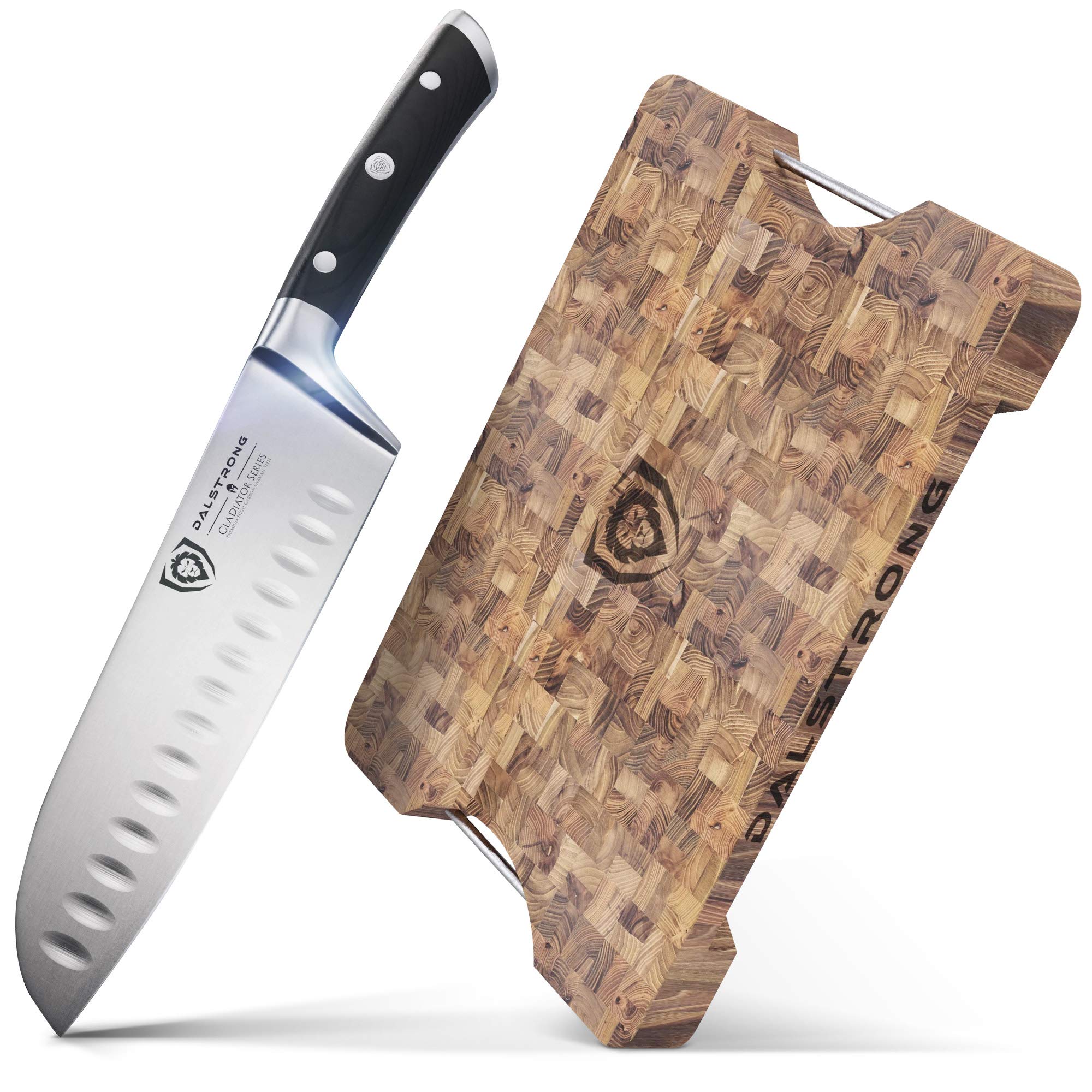 The Dalstrong Lionswood End-Grain Teak Cutting & Serving Board Bundled with The Gladiator Series Elite 7" Santoku Knife