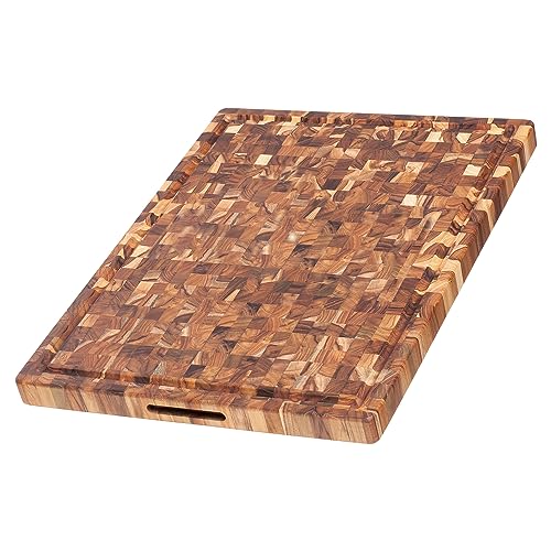 Teakhaus Butcher Block Carving Board - Large Reversible Wooden Cutting Board with Juice Groove and Grip Handles - Teak End Grain Wood - Knife Friendly - FSC Certified