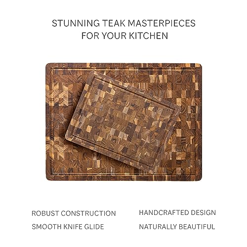 Teakhaus Butcher Block Carving Board - Large Reversible Wooden Cutting Board with Juice Groove and Grip Handles - Teak End Grain Wood - Knife Friendly - FSC Certified