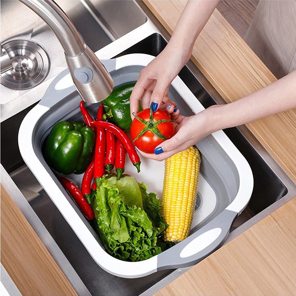 qqqqqq Folding Cutting Board with Draining Plug Colander Fruits Vegetable Washable Basket Multi-Function Collapsible Cutting Board