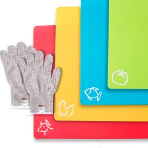 chef grids durable plastic cutting board set, chopping board plastic, for vegetable meat or cheese | dishwasher safe | pair of md protective gloves