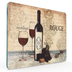 markomasti wine cutting board, vintage damask themed grape red wine bottle and glasses print, decorative tempered glass chopping and serving board , 8" x 12", beige burgundy, small size