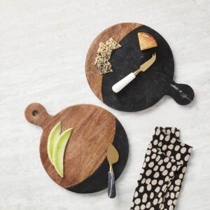 Mud Pie Blk Marble And Wood Board Set, Board 13 3/4" X 10 1/2" Dia | Utensil Approx 5 1/2"