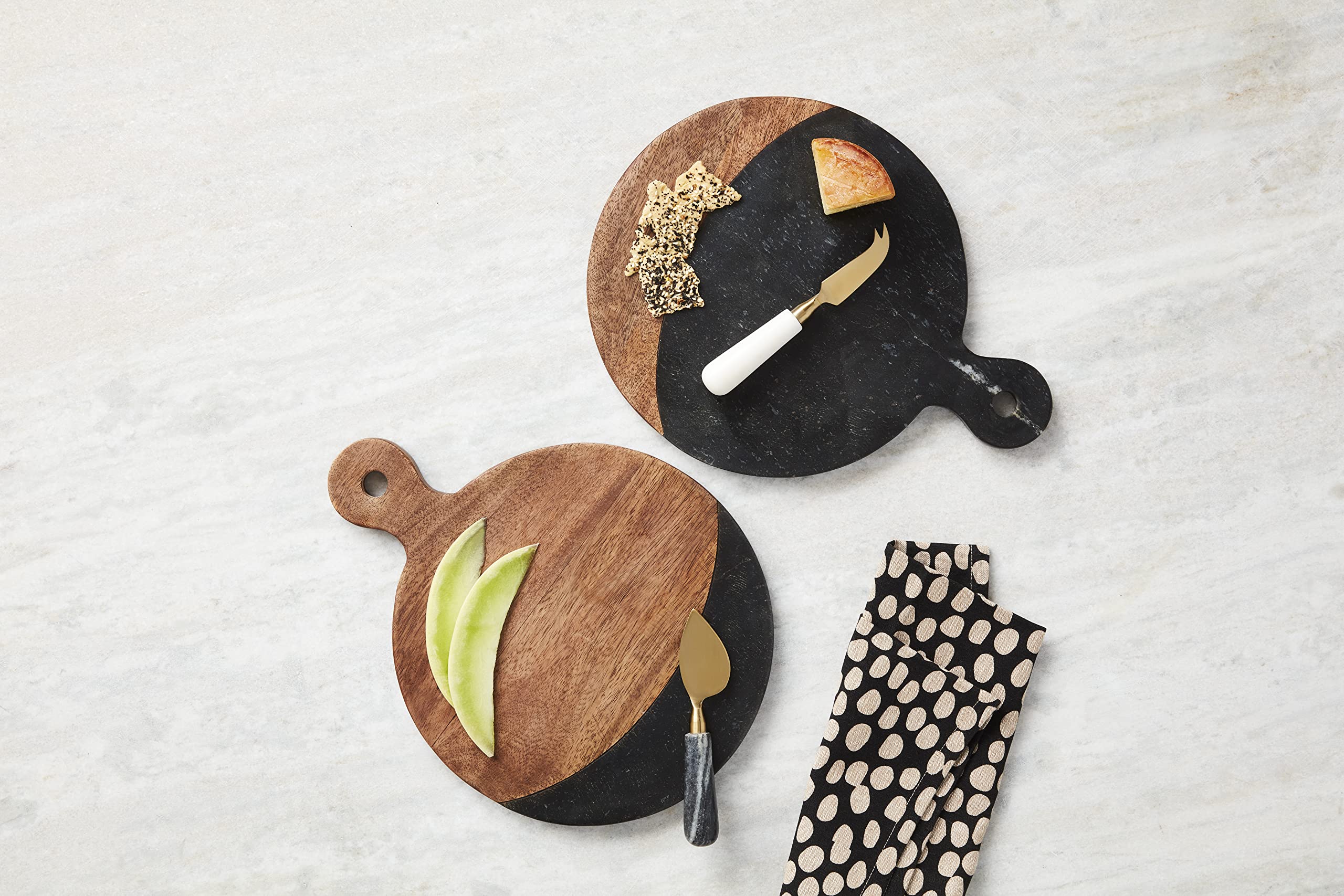 Mud Pie Blk Marble And Wood Board Set, Board 13 3/4" X 10 1/2" Dia | Utensil Approx 5 1/2"