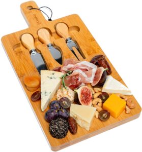 bamboo cheese board and knife set 12x8 inch - wood cheese cutting board, serving tray platter, charcuterie board set, magnetic cheese knives – blauke®