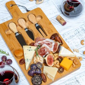 Bamboo Cheese Board and Knife Set 12x8 inch - Wood Cheese Cutting Board, Serving Tray Platter, Charcuterie Board Set, Magnetic Cheese Knives – BlauKe®