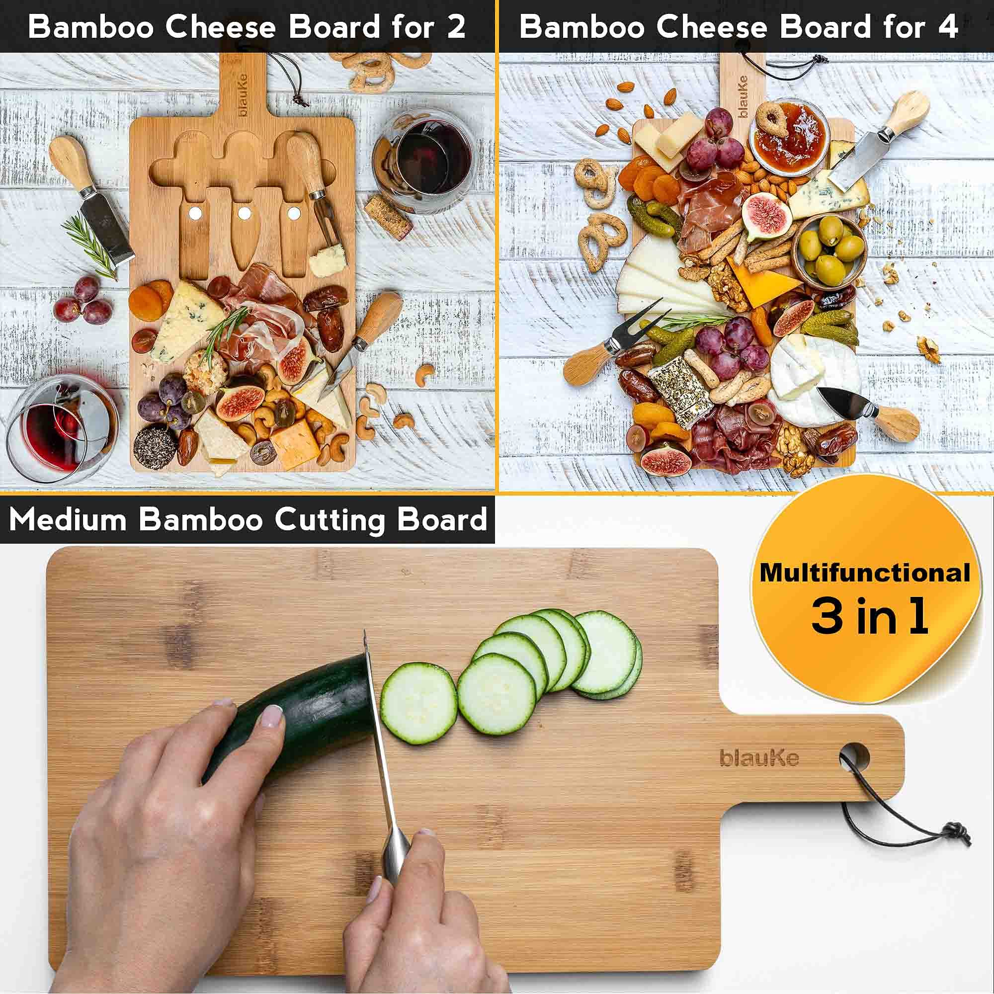 Bamboo Cheese Board and Knife Set 12x8 inch - Wood Cheese Cutting Board, Serving Tray Platter, Charcuterie Board Set, Magnetic Cheese Knives – BlauKe®