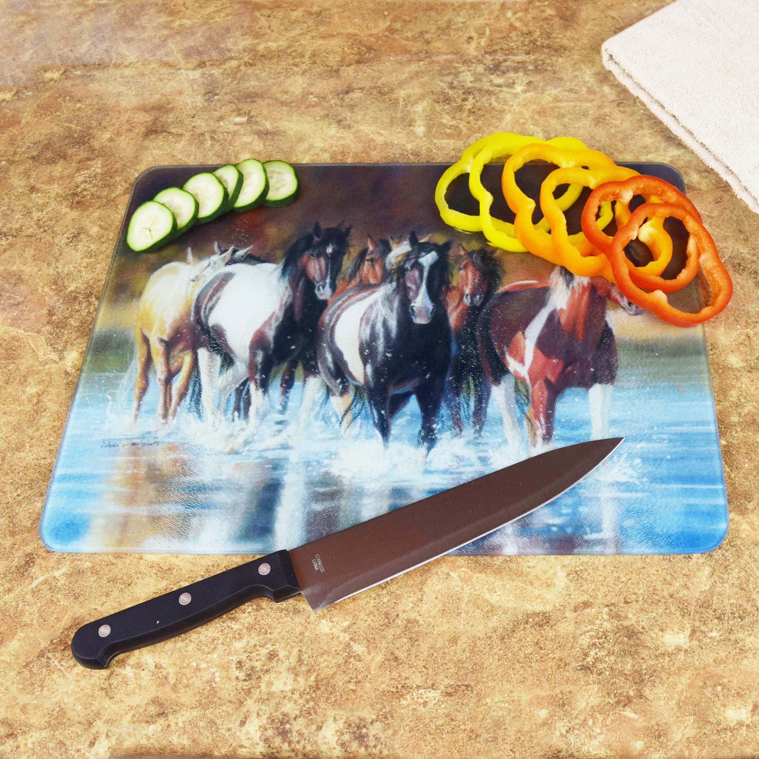 Rivers Edge Products Large 12in x 16in Decorative Tempered Glass Cutting Board, Hypoallergenic, Non Slip, Textured Surface Chopping Board for Kitchen, Cute Horse Equine Design, Rush Hour Horse