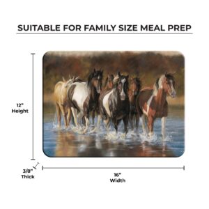 Rivers Edge Products Large 12in x 16in Decorative Tempered Glass Cutting Board, Hypoallergenic, Non Slip, Textured Surface Chopping Board for Kitchen, Cute Horse Equine Design, Rush Hour Horse