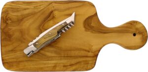 french home olive wood 11-inch cutting board with a laguiole pocket knife with cork screw