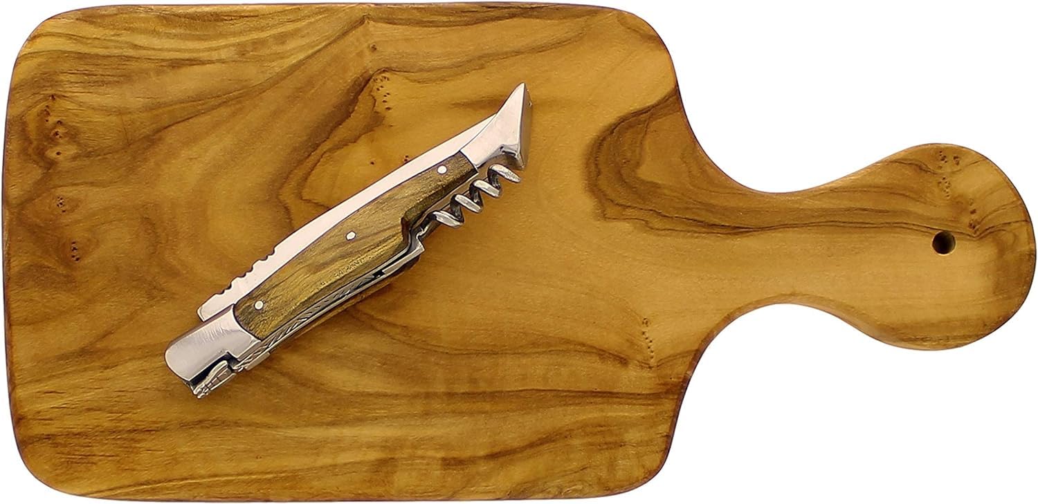 French Home Olive Wood 11-inch Cutting board with a Laguiole Pocket Knife with Cork Screw