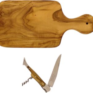 French Home Olive Wood 11-inch Cutting board with a Laguiole Pocket Knife with Cork Screw