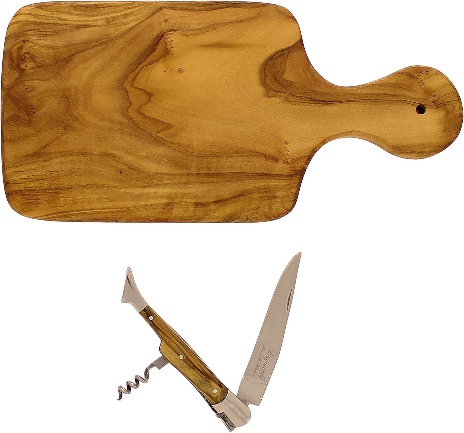 French Home Olive Wood 11-inch Cutting board with a Laguiole Pocket Knife with Cork Screw