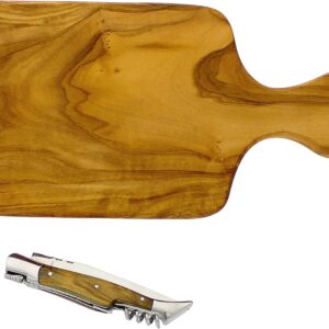 French Home Olive Wood 11-inch Cutting board with a Laguiole Pocket Knife with Cork Screw