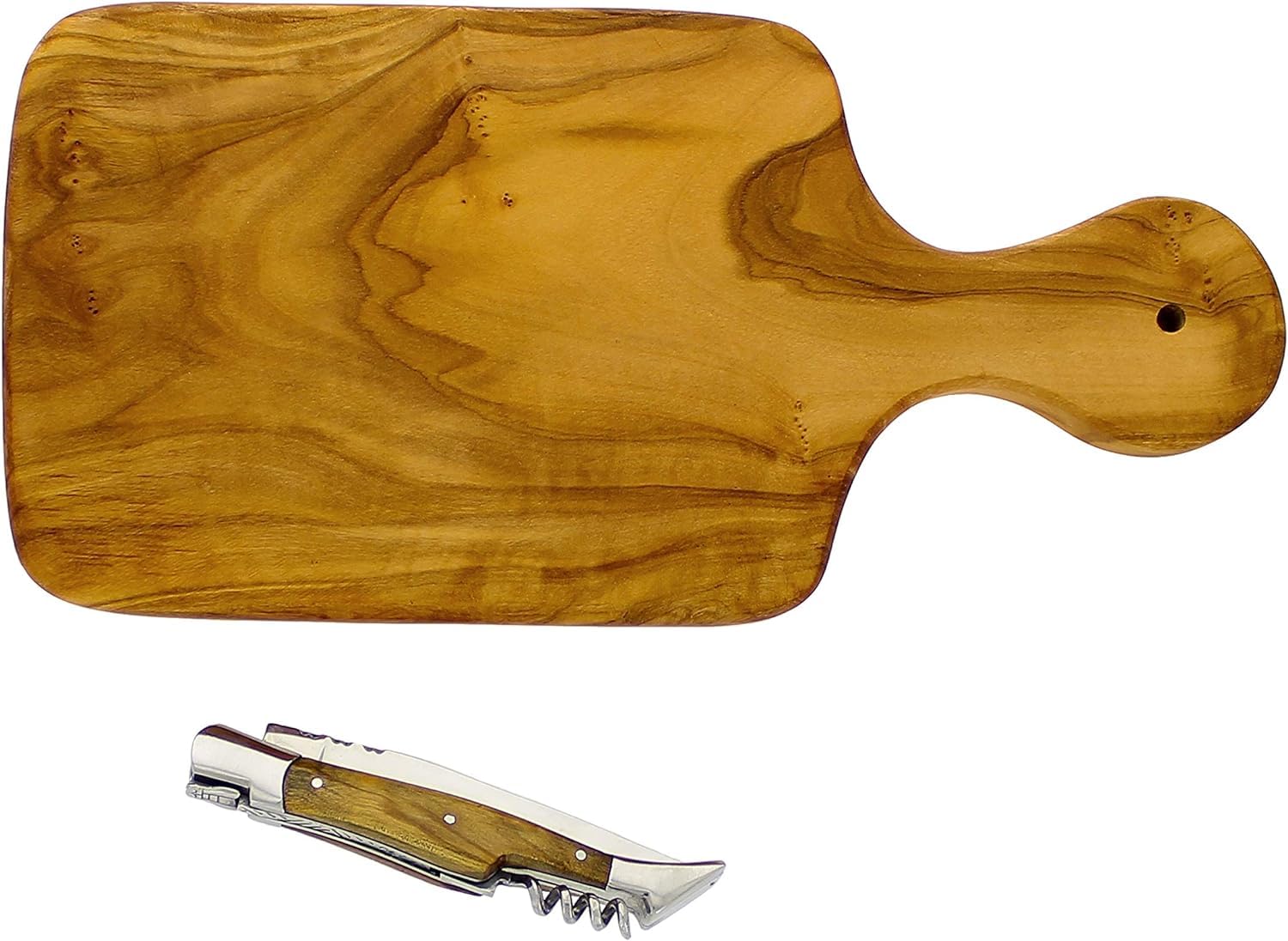 French Home Olive Wood 11-inch Cutting board with a Laguiole Pocket Knife with Cork Screw