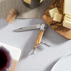 French Home Olive Wood 11-inch Cutting board with a Laguiole Pocket Knife with Cork Screw