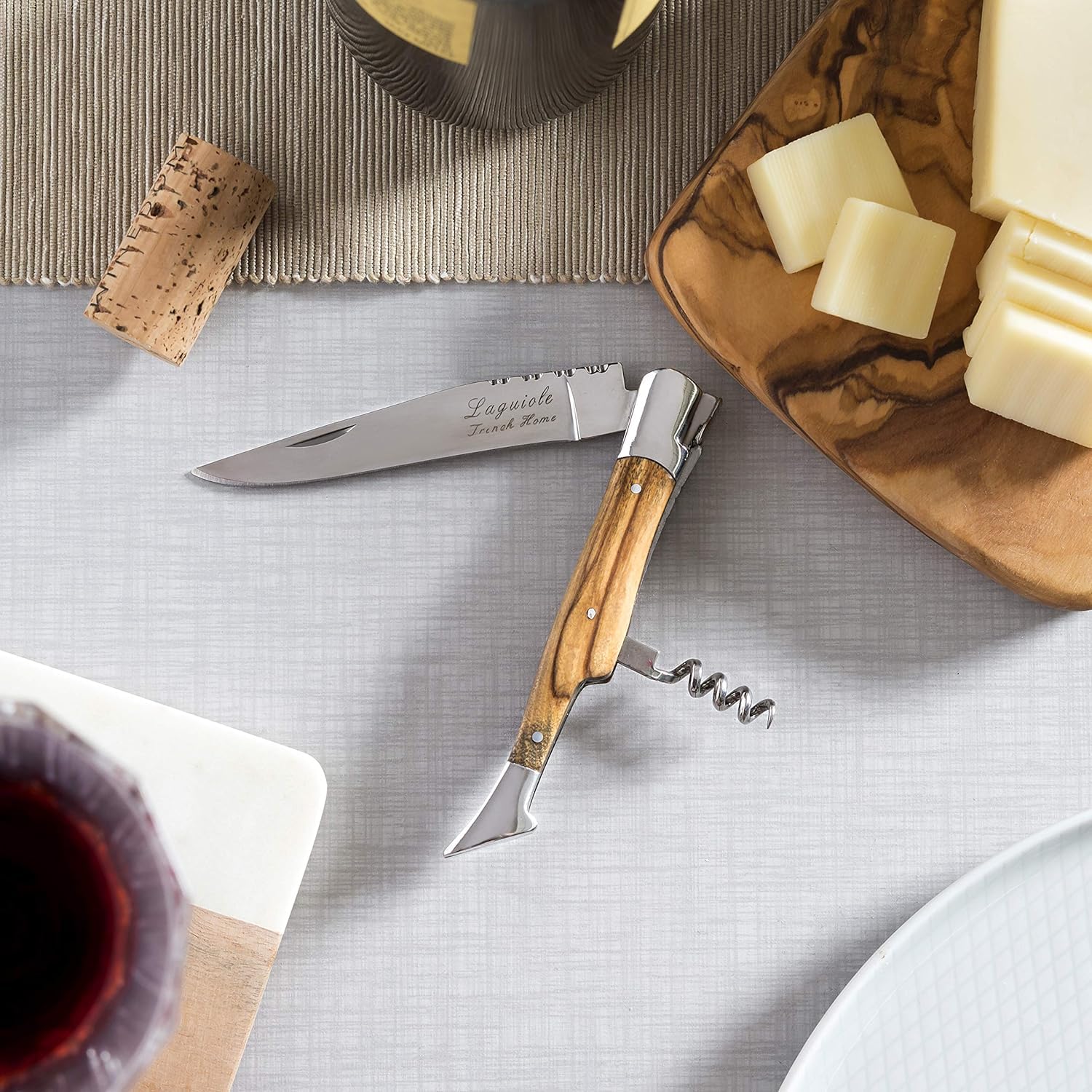 French Home Olive Wood 11-inch Cutting board with a Laguiole Pocket Knife with Cork Screw