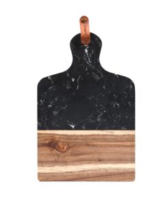 stone & clay marble and wood cheese board - 2-in-1 charcuterie cutting board and serving tray - with black marble and acacia wood chopping surface - perfect for cheese, vegetables, fruit, and meats