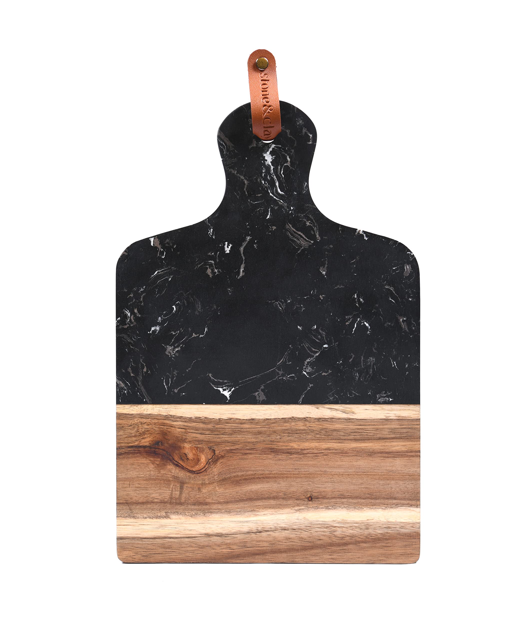 Stone & Clay Marble and Wood Cheese Board - 2-in-1 Charcuterie Cutting Board and Serving Tray - With Black Marble and Acacia Wood Chopping Surface - Perfect for Cheese, Vegetables, Fruit, and Meats