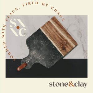 Stone & Clay Marble and Wood Cheese Board - 2-in-1 Charcuterie Cutting Board and Serving Tray - With Black Marble and Acacia Wood Chopping Surface - Perfect for Cheese, Vegetables, Fruit, and Meats