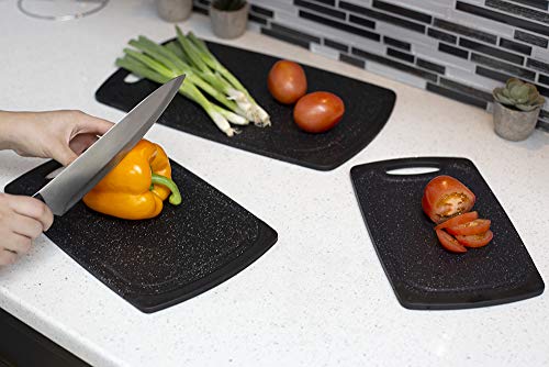 Home Basics, Black 3 Piece Double Sided Granite Look Non-Slip Plastic Cutting Board Set with Deep Juice Groove and Easy Grip Handle, 1 Pack
