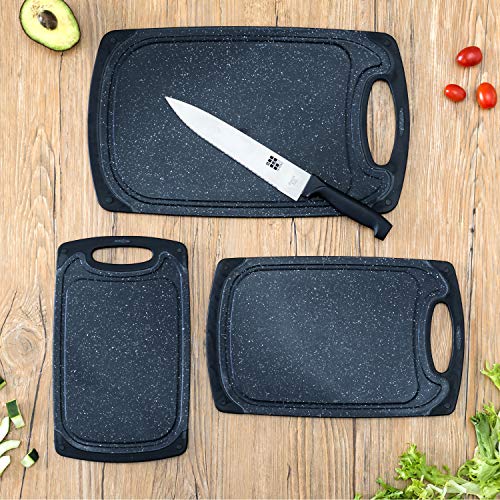 Home Basics, Black 3 Piece Double Sided Granite Look Non-Slip Plastic Cutting Board Set with Deep Juice Groove and Easy Grip Handle, 1 Pack