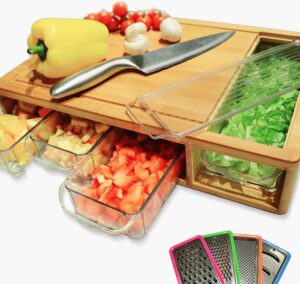 hey panda organic bamboo cutting board with containers and lids 13pc set. use as a meal prep station. designed with deep juice grooves, handles, rounded corners and a large exposed opening