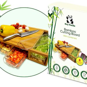 HEY PANDA Organic Bamboo Cutting Board With Containers and Lids 13pc set. Use as a Meal Prep Station. Designed with deep Juice Grooves, Handles, Rounded Corners and a Large Exposed Opening