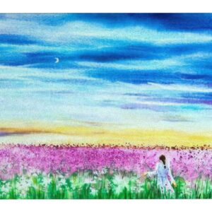 Tempered Glass Cutting Board Watercolor Painting Young Girl in lavender field Tableware Kitchen Decorative Cutting Board with Non-slip Legs, Serving Board, Large Size, 15" x 11"